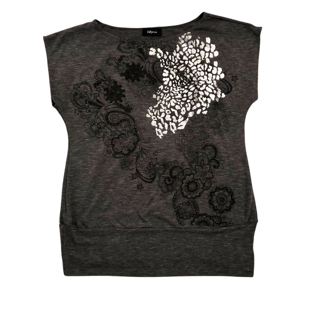 Y2K Dark Gray Cap Sleeve Top with Black Floral & Paisley Graphic Print Size M